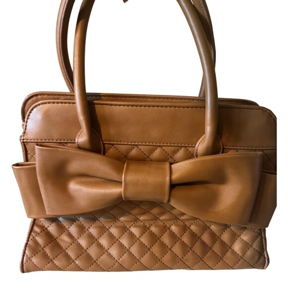 SCARLETTOWN Handbag Womens Brown Quilted Bow Satchel Tote Purse Top Zip Feet - Picture 1 of 11